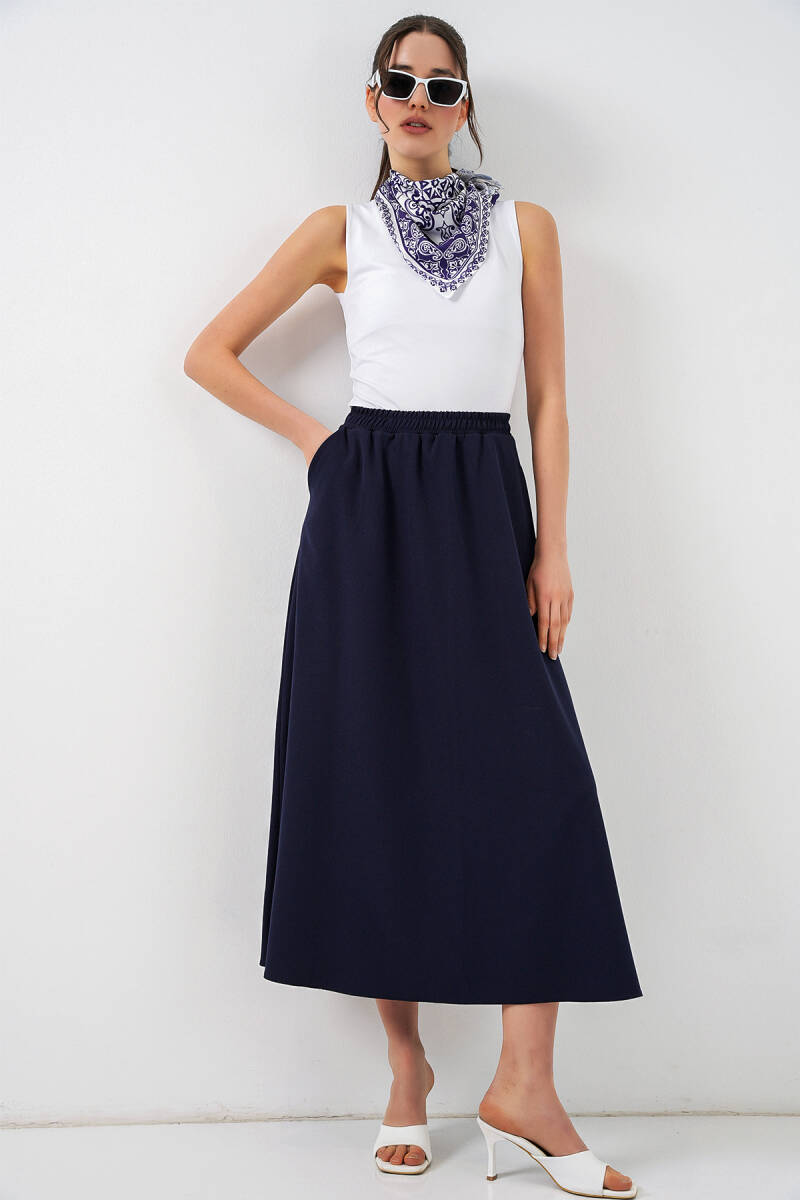 Kadın Beli Lastikli Uzun Etek 8072 - Lacivert - BİGDART