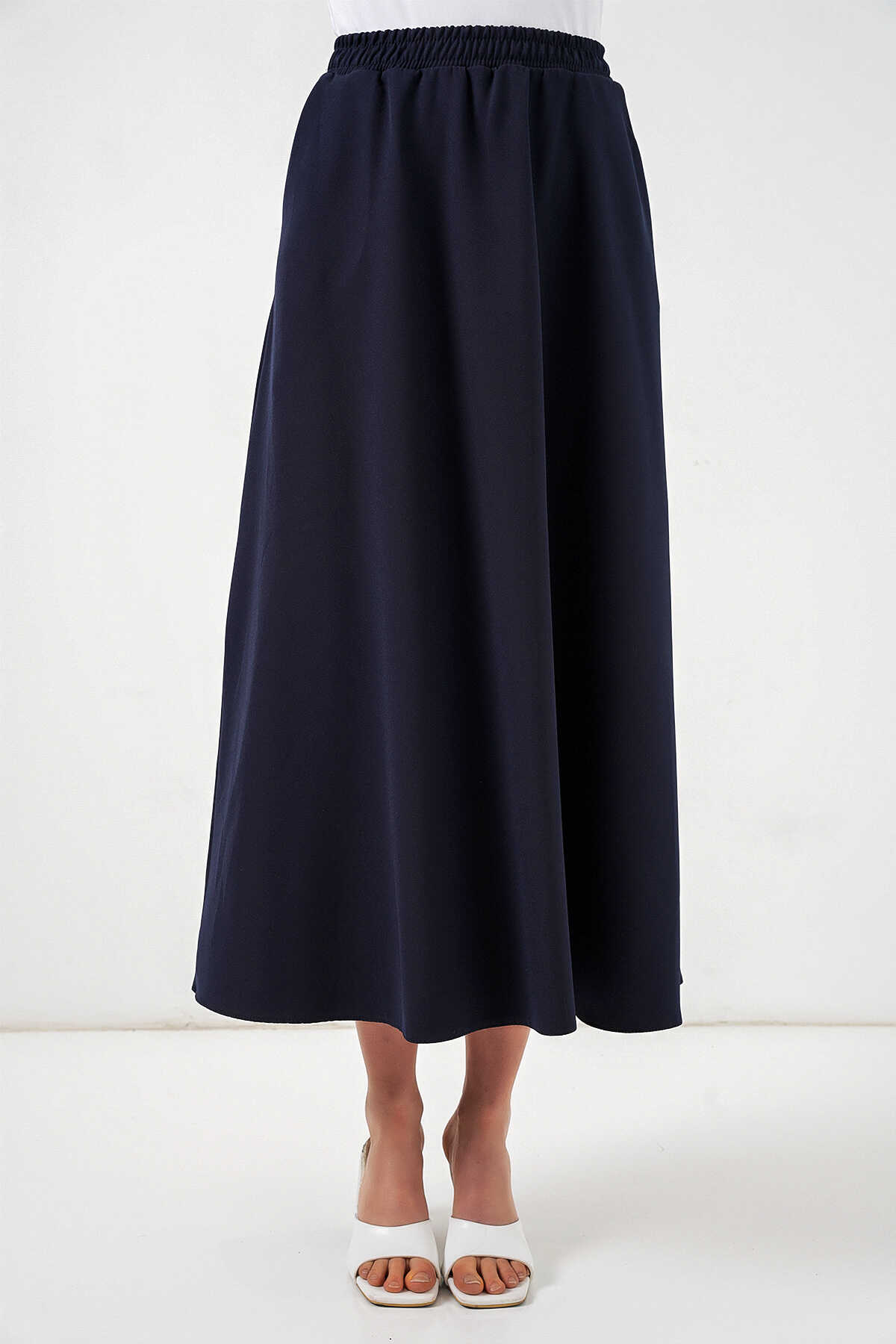 Kadın Beli Lastikli Uzun Etek 8072 - Lacivert - 4