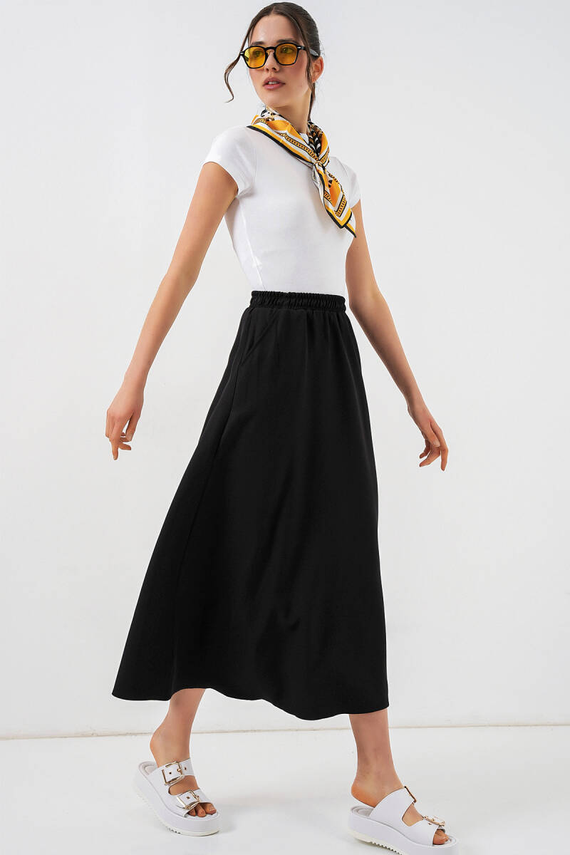 Kadın Beli Lastikli Uzun Etek 8072 - Siyah - BİGDART