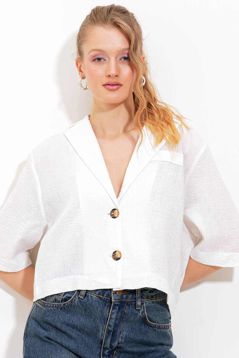 Kadın Beyaz Çift Düğmeli Oversize Crop Keten Ceket 0706 - BİGDART