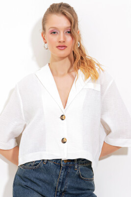 Kadın Beyaz Çift Düğmeli Oversize Crop Keten Ceket 0706 - BİGDART