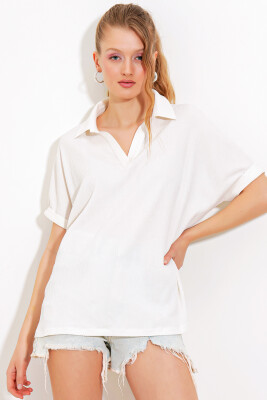 Kadın Beyaz Oversize Polo Yaka Örme Bluz 0486 - BİGDART