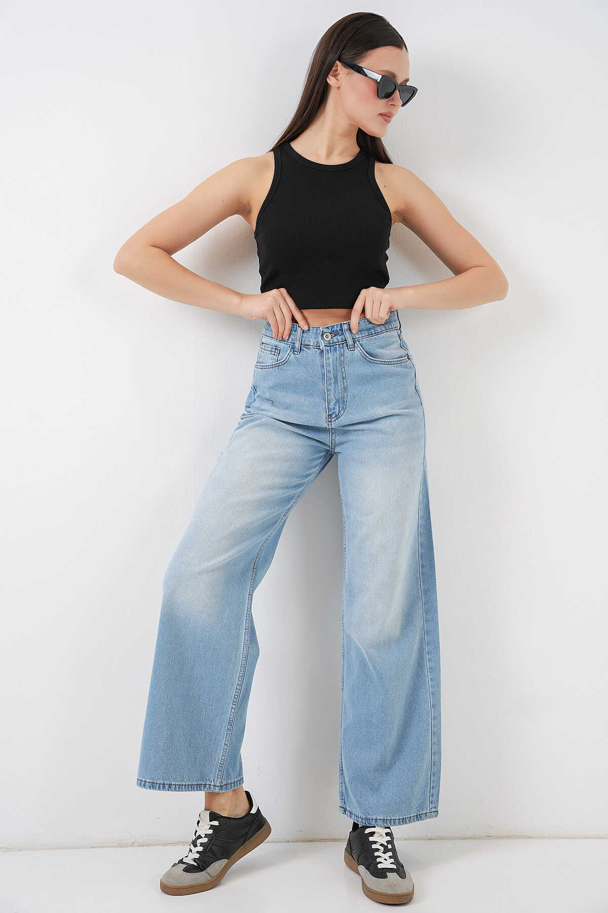 Kadın Bol Paça Yüksek Bel Palazzo Kot Pantolon 6656 - Açık Mavi - BİGDART