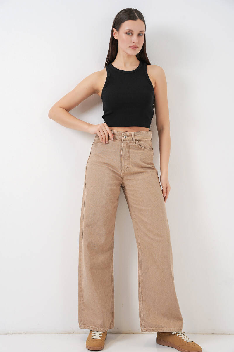 Kadın Bol Paça Yüksek Bel Palazzo Kot Pantolon 6656 - Vizon - BİGDART