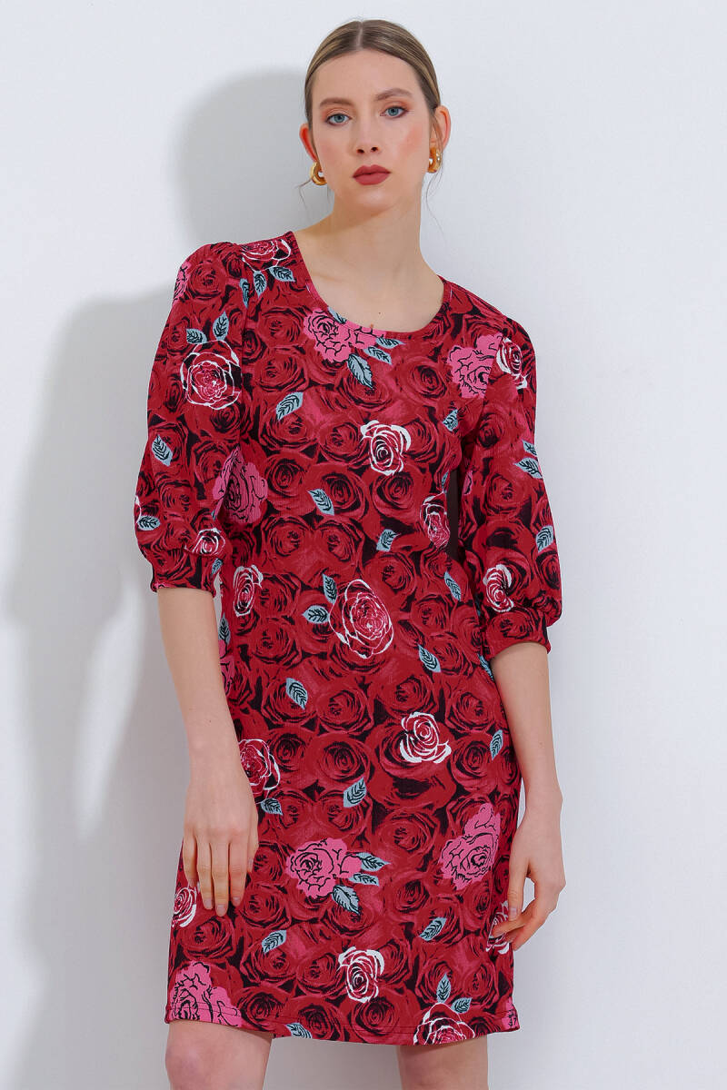 Kadın Bordo Gül Desenli Midi Elbise 2477 - BİGDART