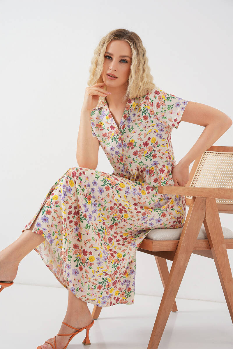 Kadın Boydan Düğmeli Kısa Kol Çiçekli Elbise 2561 - Krem - BİGDART