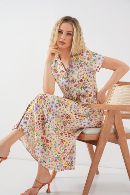 Kadın Boydan Düğmeli Kısa Kol Çiçekli Elbise 2561 - Krem 