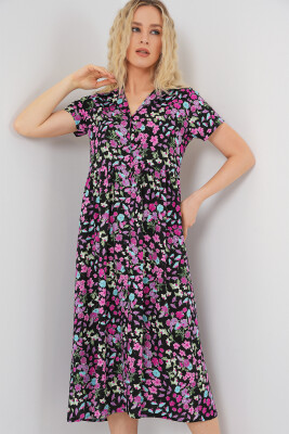 Kadın Boydan Düğmeli Kısa Kol Çiçekli Elbise 2561 - Siyah 