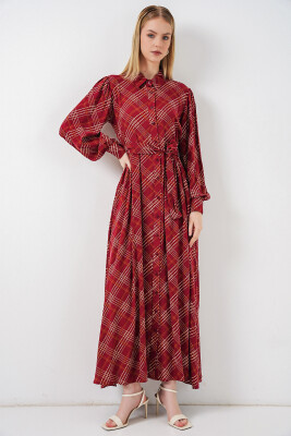 Kadın Boydan Düğmeli Uzun Tesettür Elbise 2588 - Bordo - BİGDART