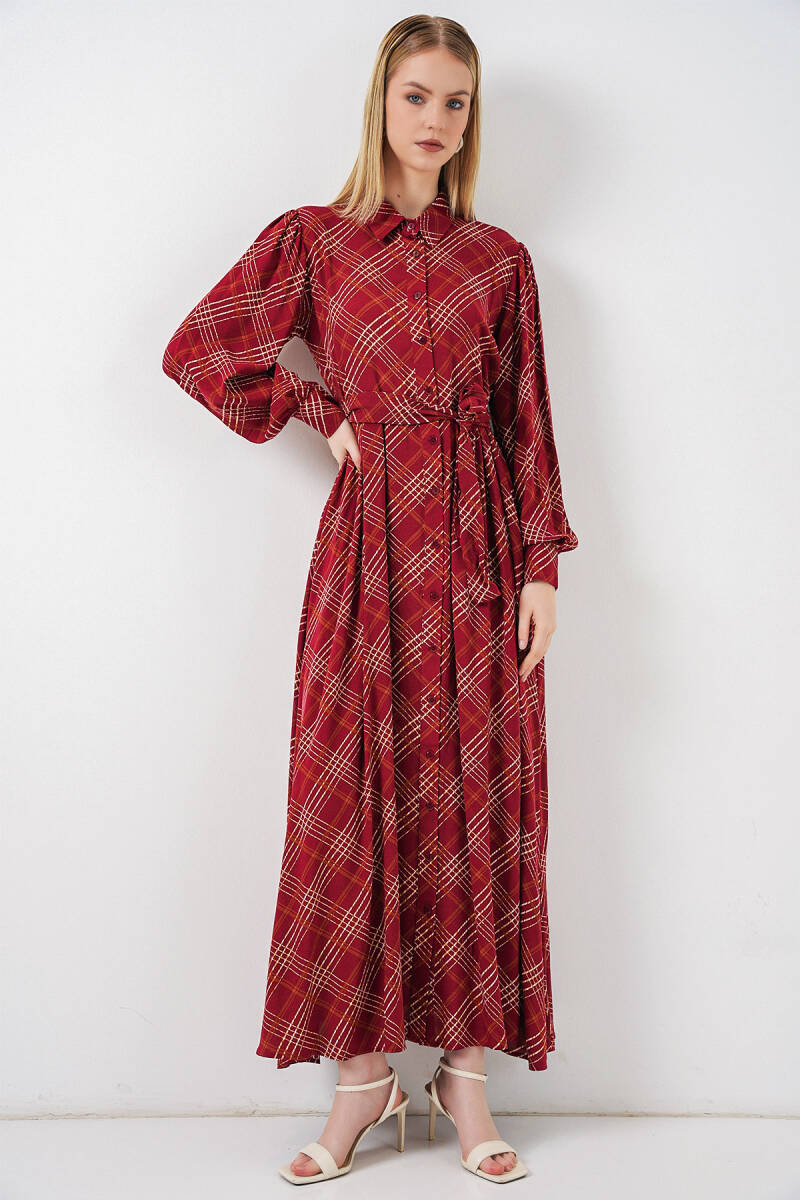 Kadın Boydan Düğmeli Uzun Tesettür Elbise 2588 - Bordo - BİGDART