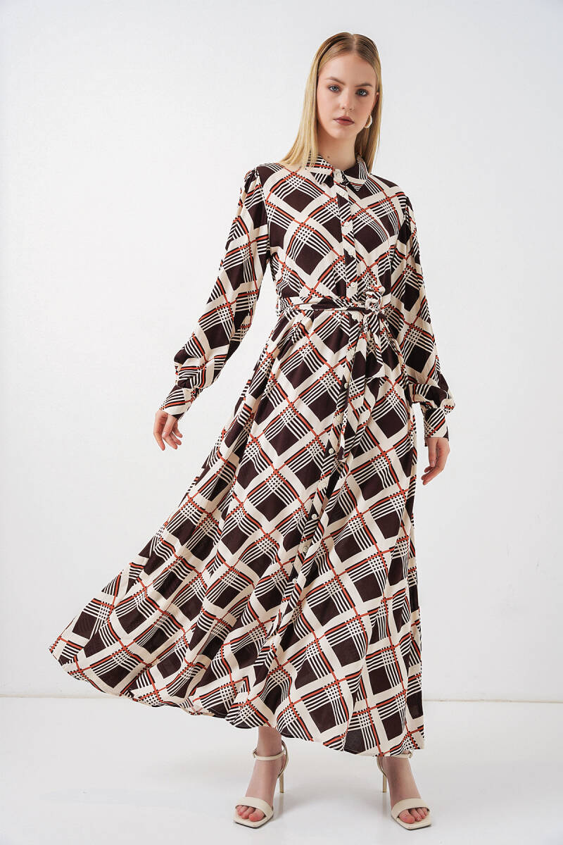 Kadın Boydan Düğmeli Uzun Tesettür Elbise 2588 - Kahve Bej - BİGDART