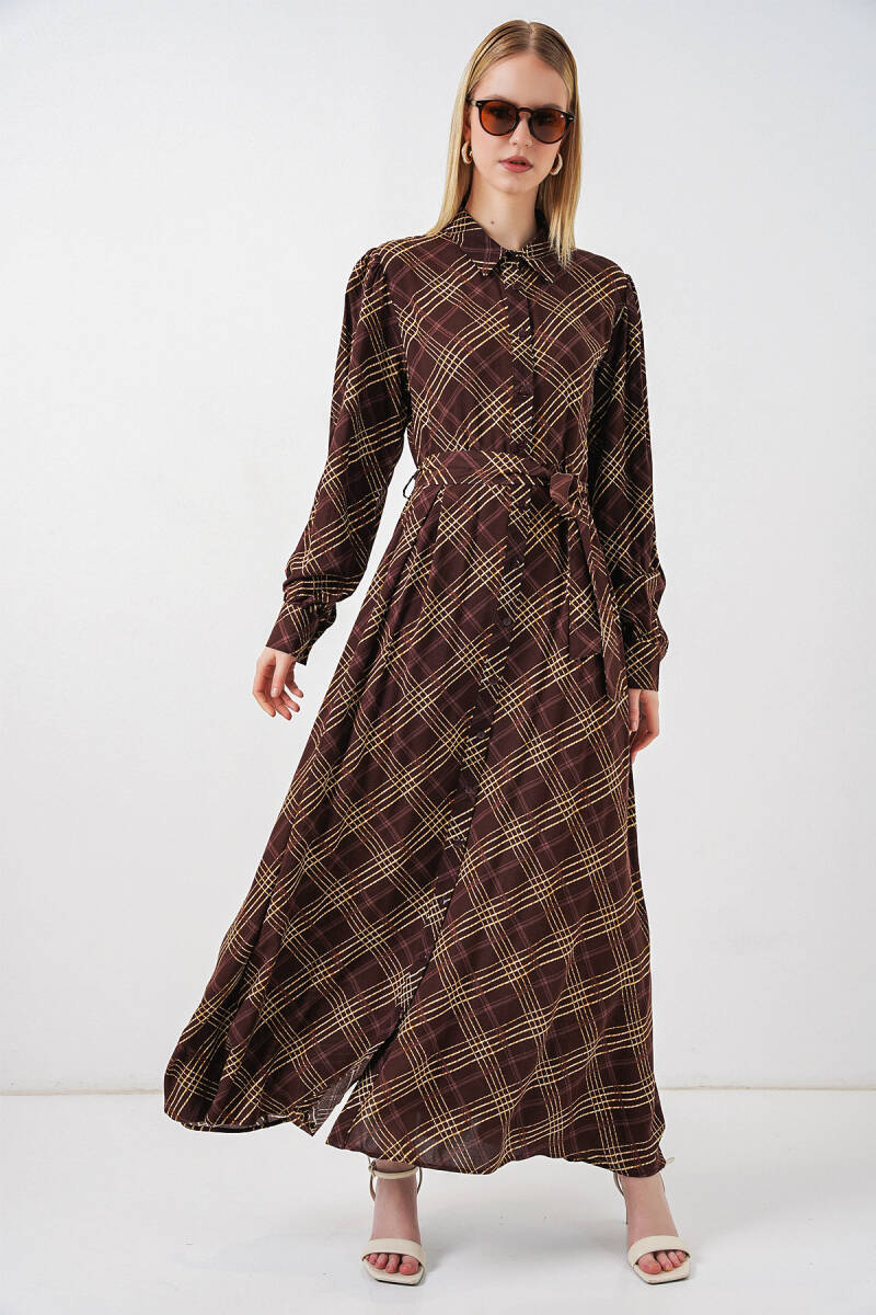 Kadın Boydan Düğmeli Uzun Tesettür Elbise 2588 - Kahverengi - BİGDART