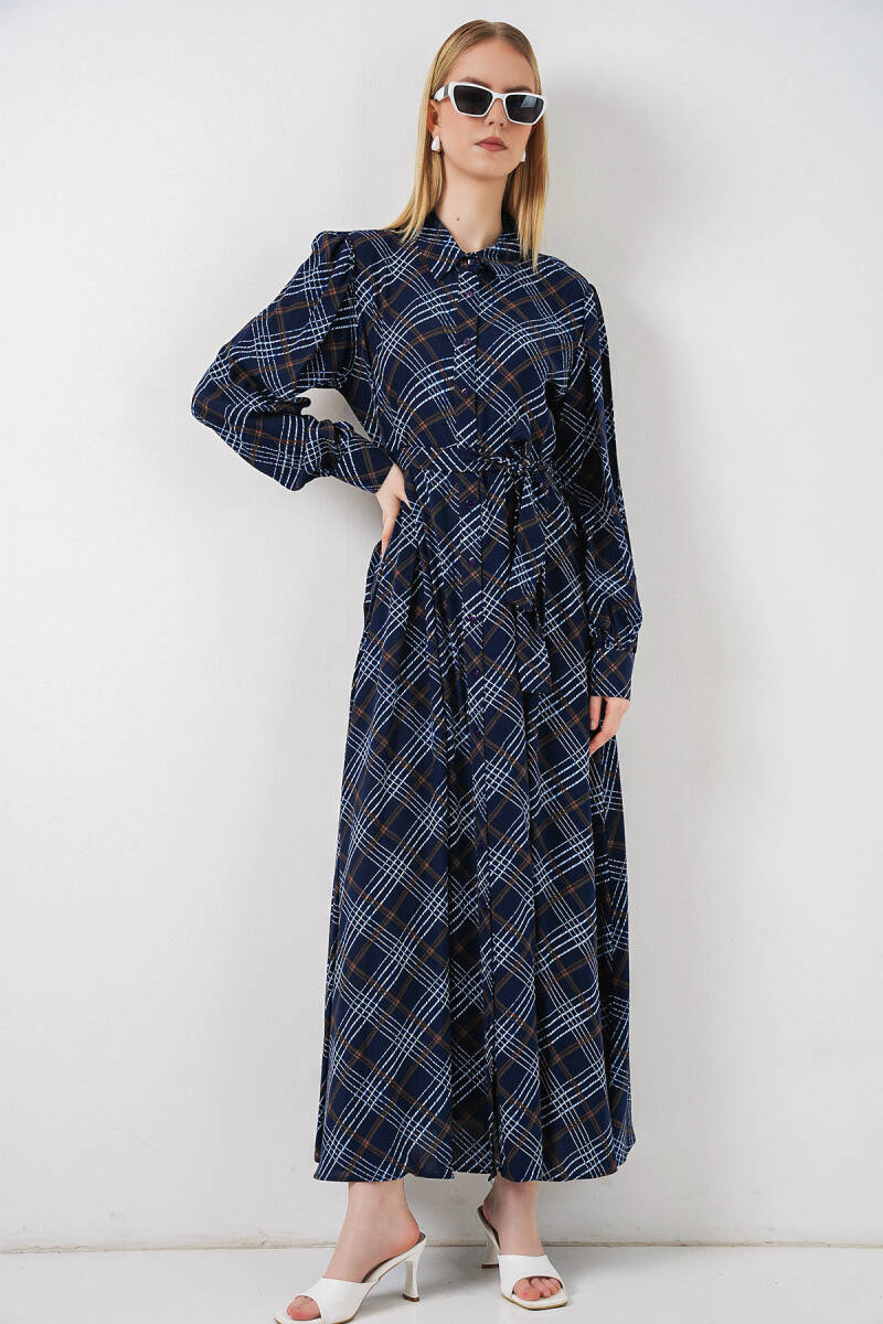 Kadın Boydan Düğmeli Uzun Tesettür Elbise 2588 - Lacivert - BİGDART