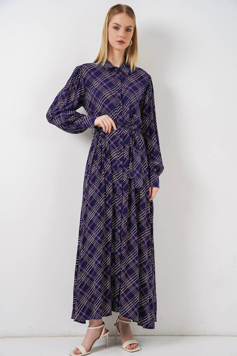 Kadın Boydan Düğmeli Uzun Tesettür Elbise 2588 - Mor - BİGDART