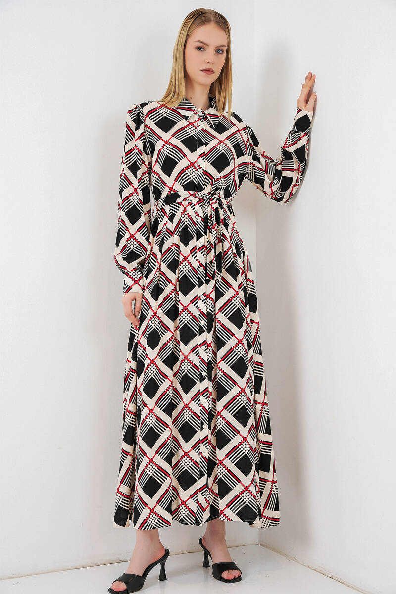 Kadın Boydan Düğmeli Uzun Tesettür Elbise 2588 - Siyah - Bej - BİGDART