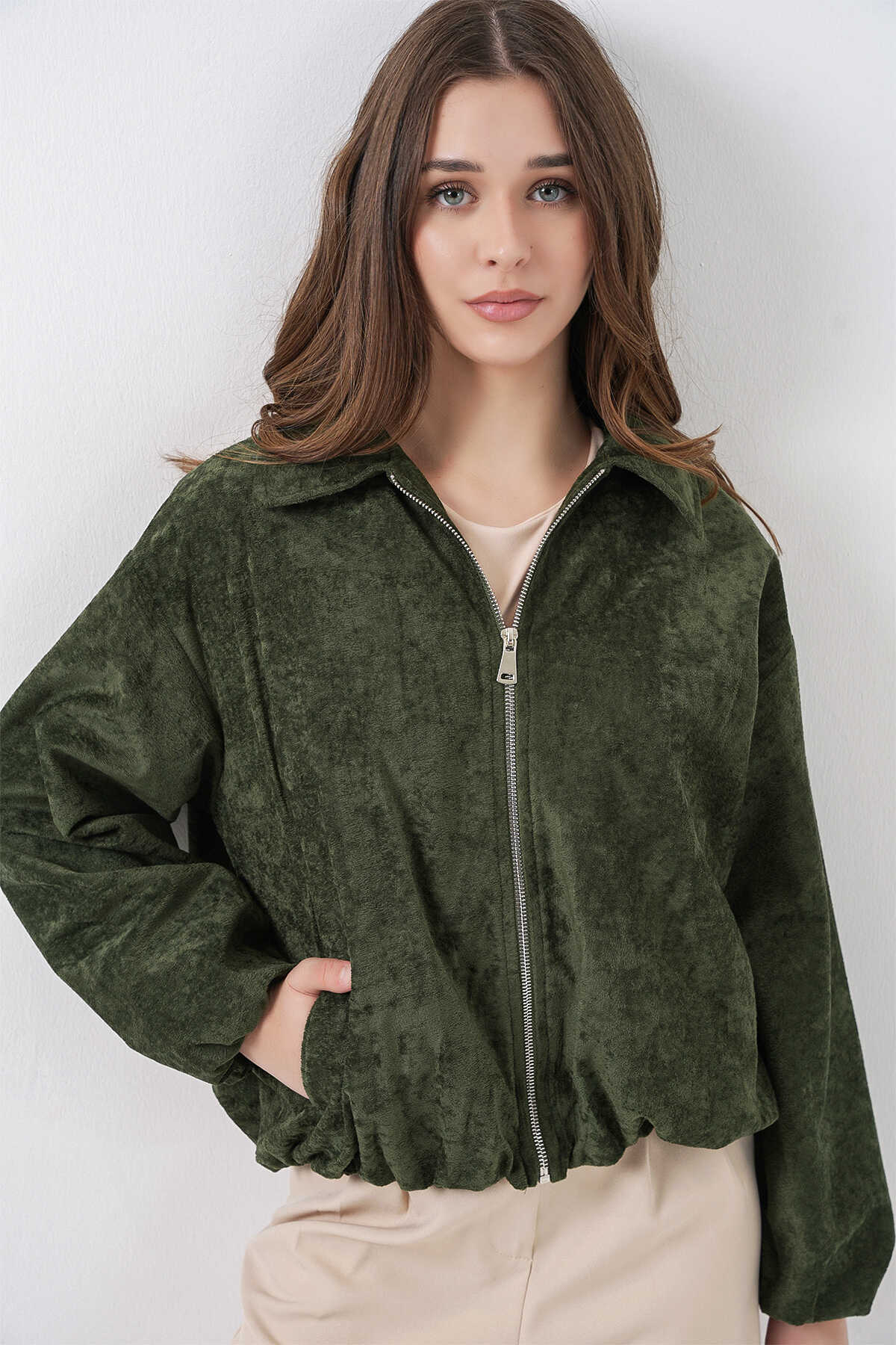 Kadın Büzgülü Oversize Kadife Ceket 0733 - Haki - 1
