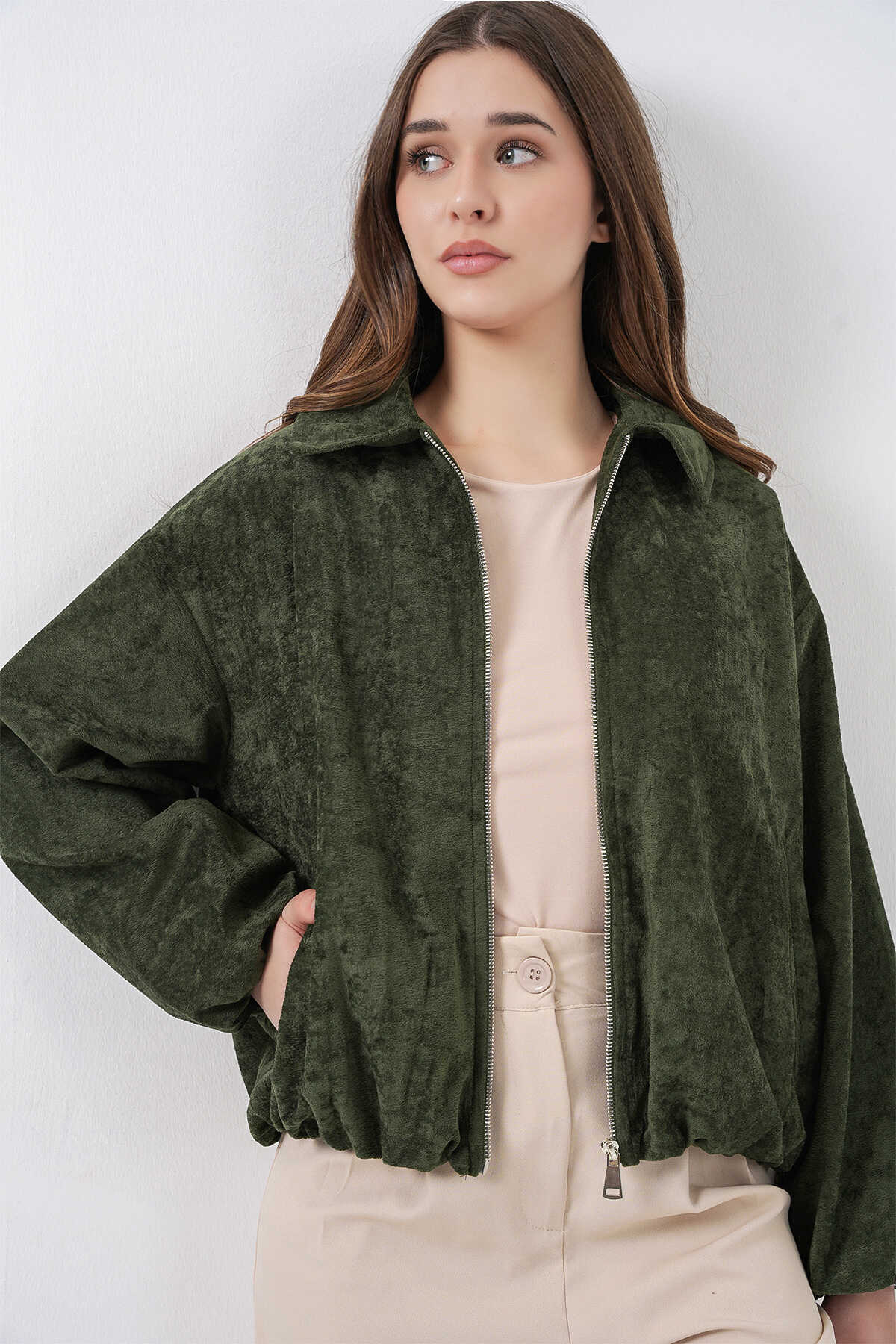 Kadın Büzgülü Oversize Kadife Ceket 0733 - Haki - 3