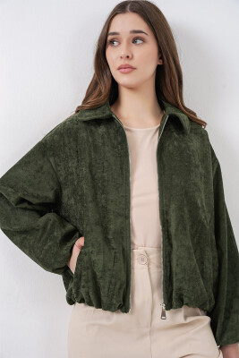 Kadın Büzgülü Oversize Kadife Ceket 0733 - Haki - 3