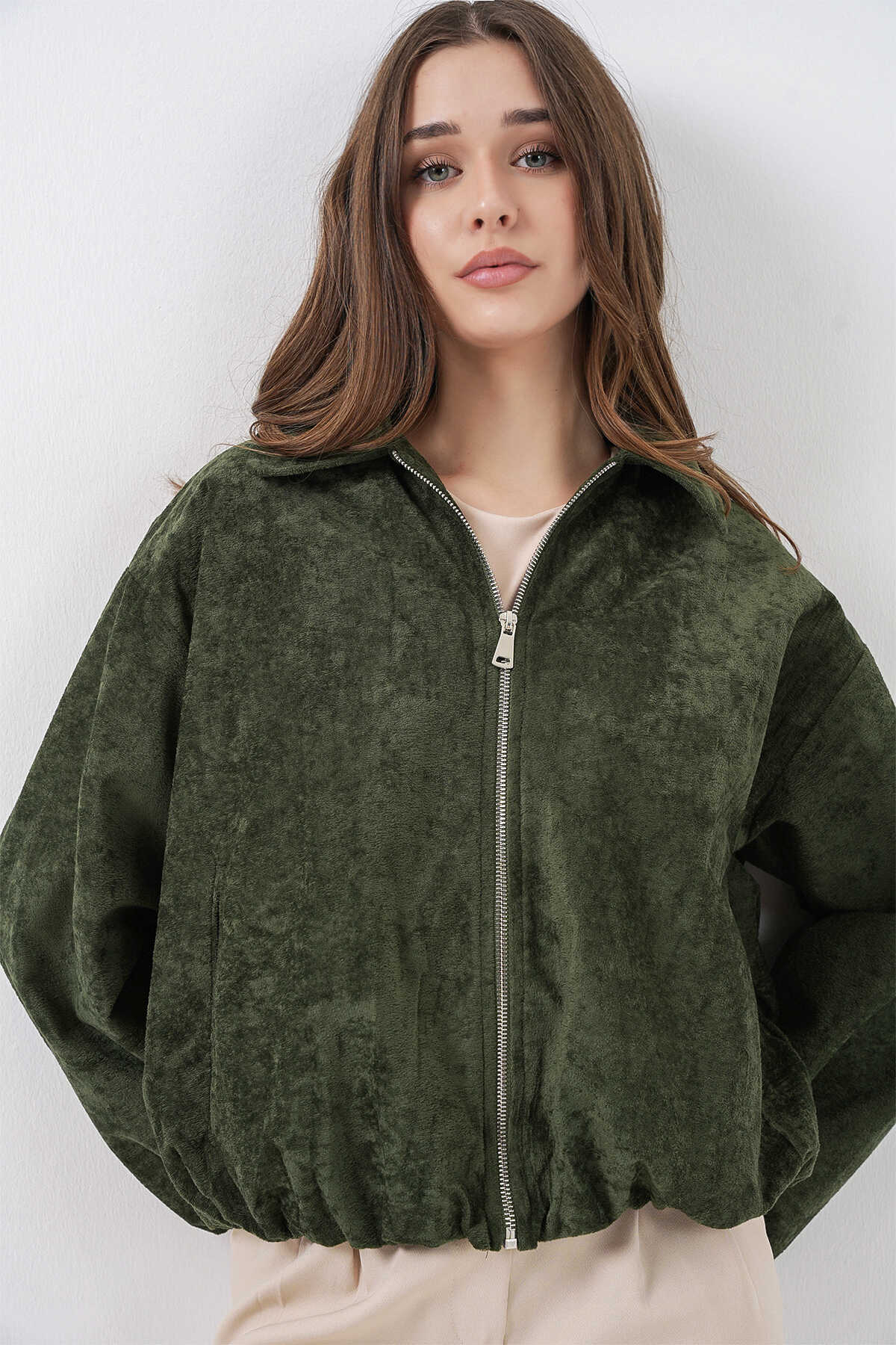 Kadın Büzgülü Oversize Kadife Ceket 0733 - Haki - 4