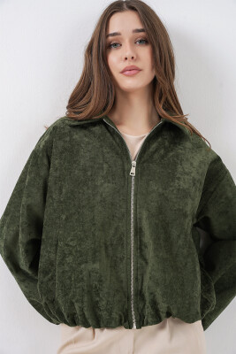Kadın Büzgülü Oversize Kadife Ceket 0733 - Haki - 4