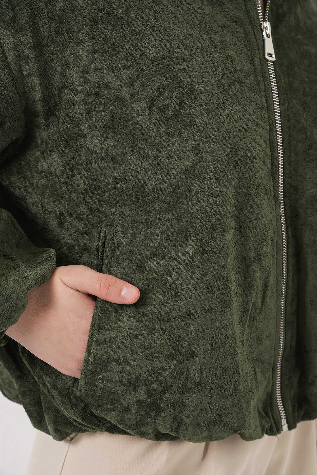 Kadın Büzgülü Oversize Kadife Ceket 0733 - Haki - 5