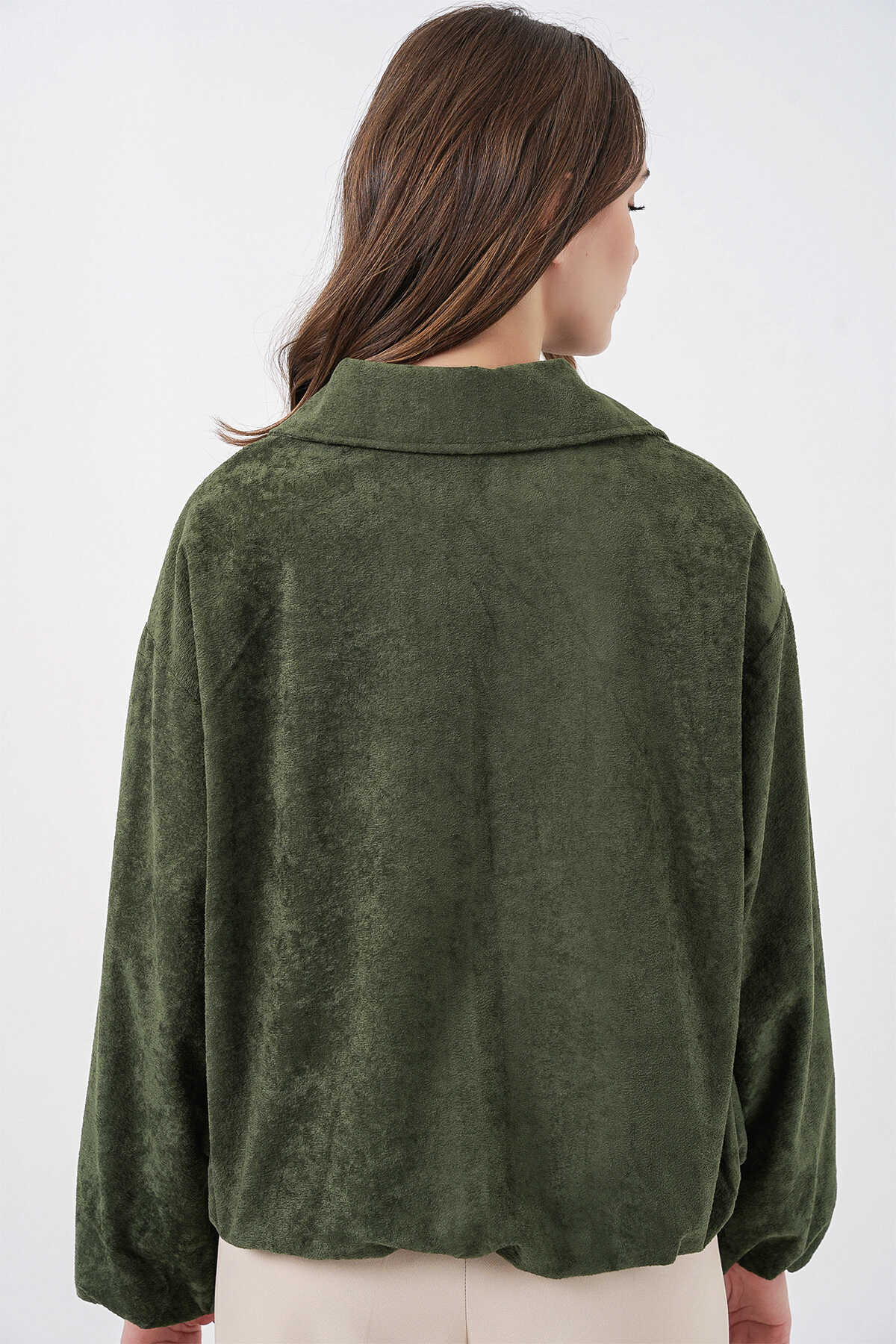 Kadın Büzgülü Oversize Kadife Ceket 0733 - Haki - 6