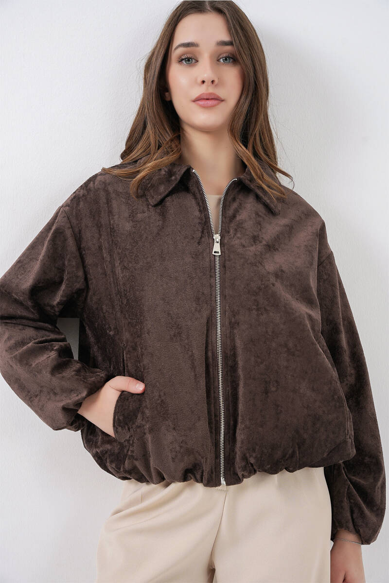 Kadın Büzgülü Oversize Kadife Ceket 0733 - Kahverengi - BİGDART