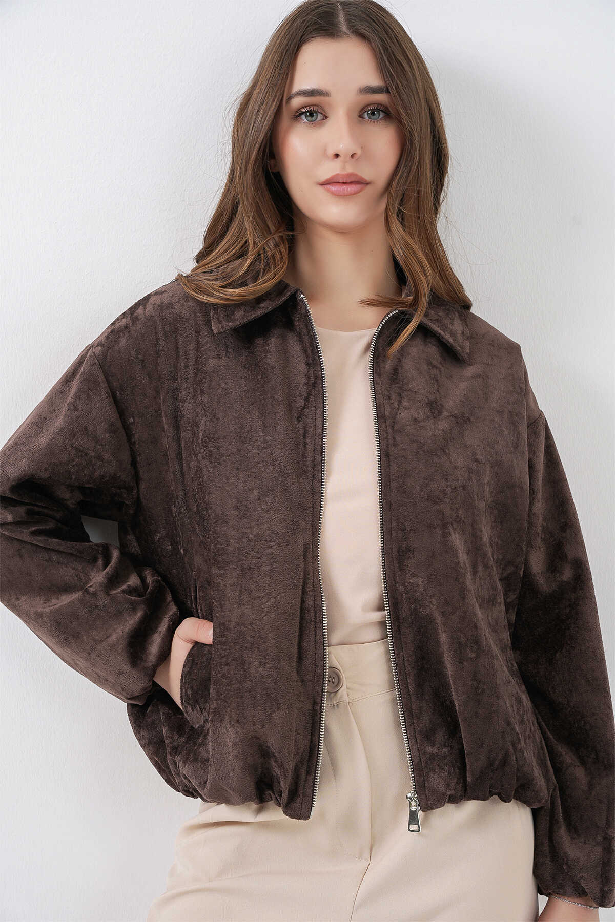 Kadın Büzgülü Oversize Kadife Ceket 0733 - Kahverengi - 3