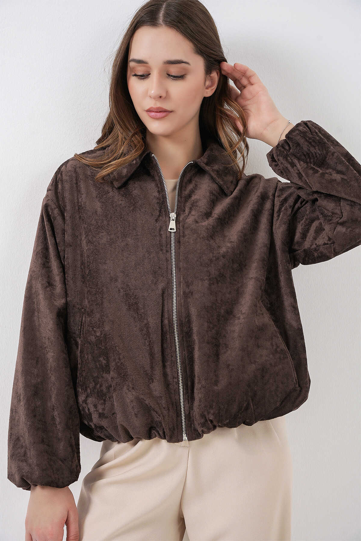 Kadın Büzgülü Oversize Kadife Ceket 0733 - Kahverengi - 4