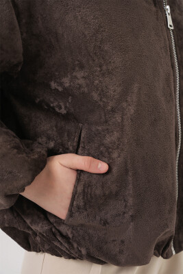 Kadın Büzgülü Oversize Kadife Ceket 0733 - Kahverengi - 5