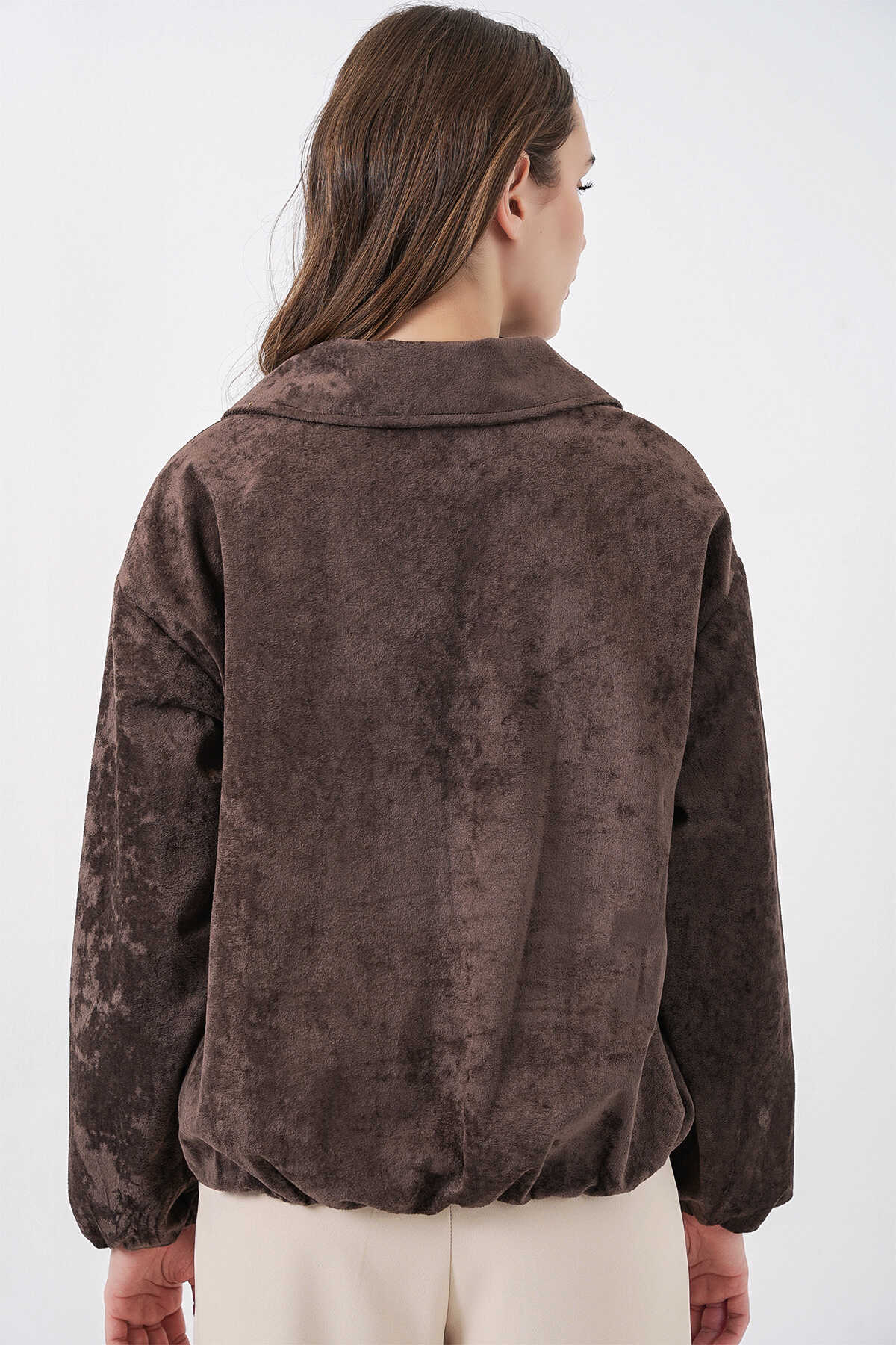 Kadın Büzgülü Oversize Kadife Ceket 0733 - Kahverengi - 6