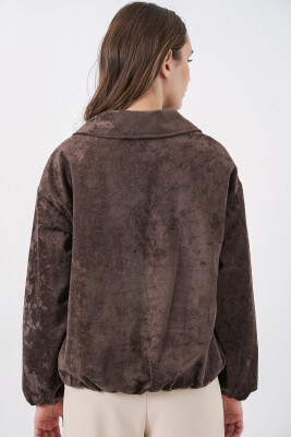 Kadın Büzgülü Oversize Kadife Ceket 0733 - Kahverengi - 6