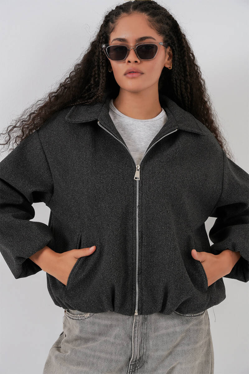 Kadın Büzgülü Oversize Kaşe Ceket 0728 - Antrasit - BİGDART
