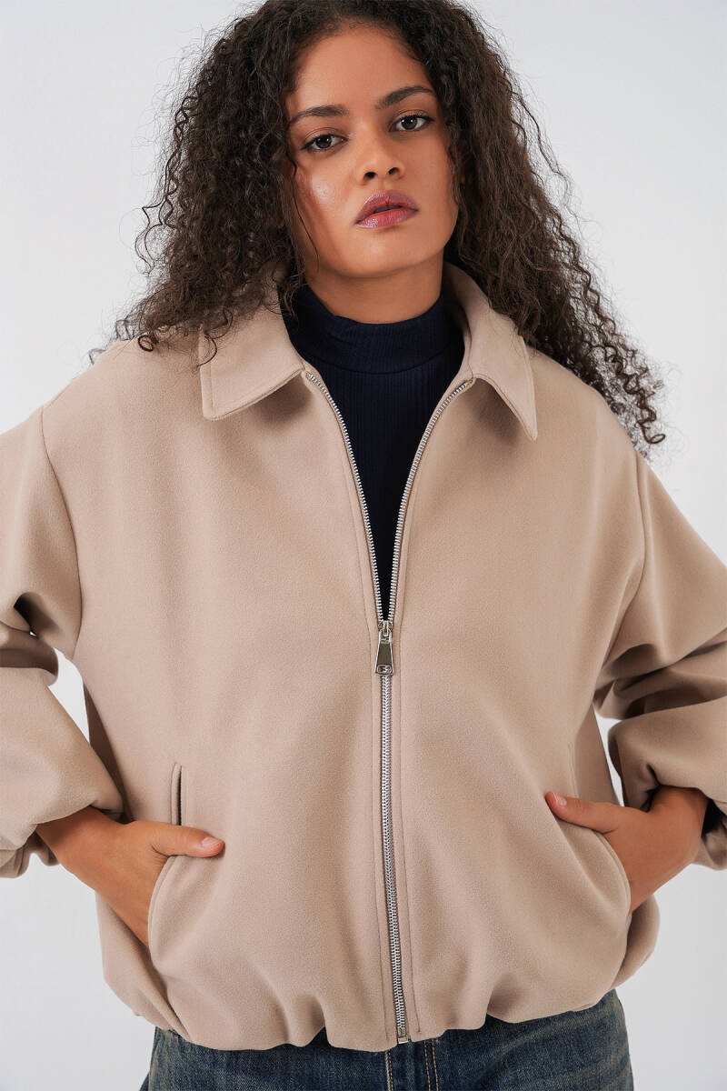 Kadın Büzgülü Oversize Kaşe Ceket 0728 - Bej - BİGDART
