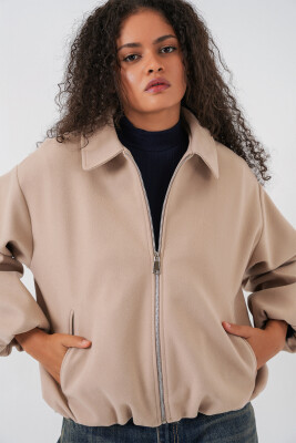 Kadın Büzgülü Oversize Kaşe Ceket 0728 - Bej 