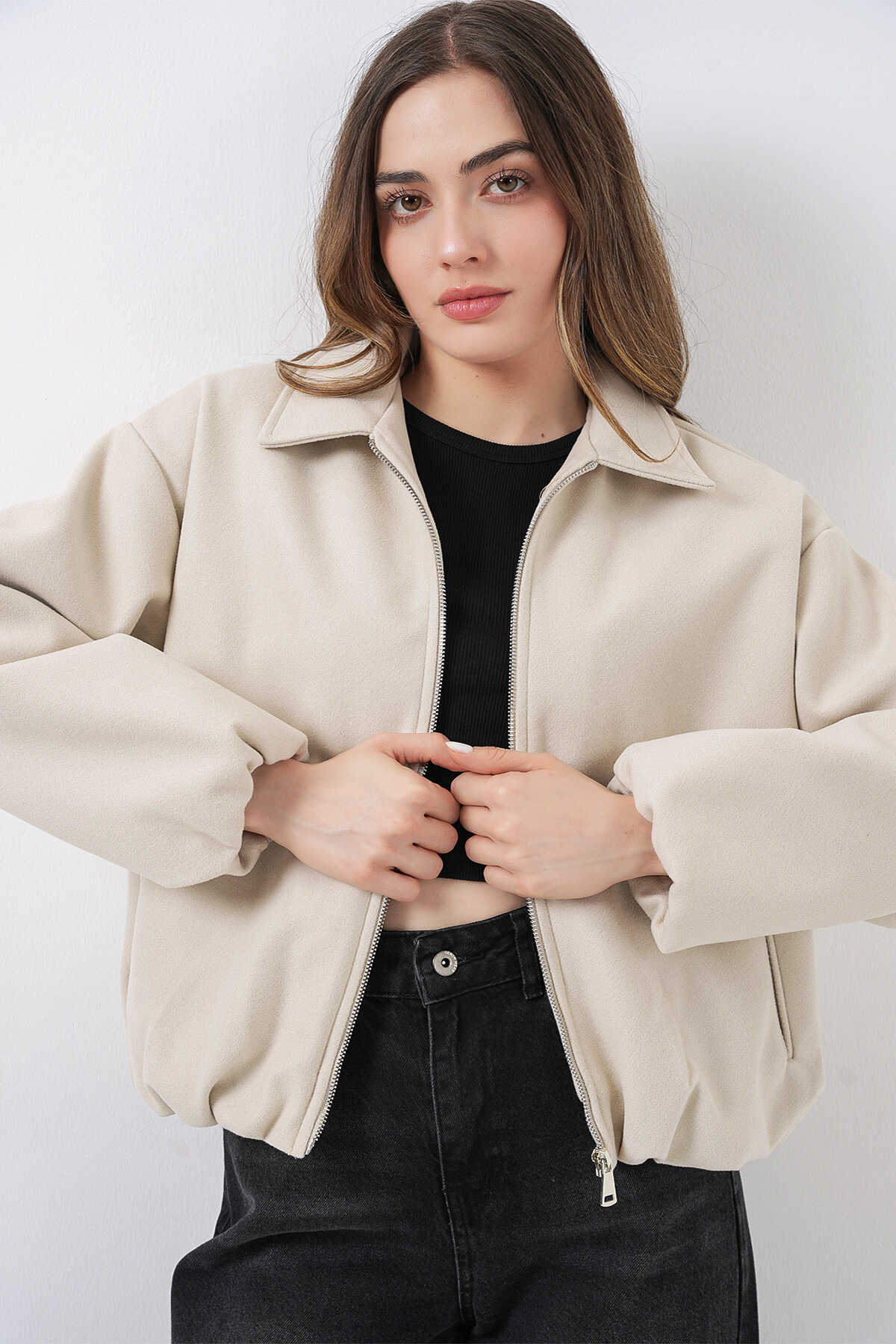 Kadın Büzgülü Oversize Kaşe Ceket 0728 - Ekru - BİGDART