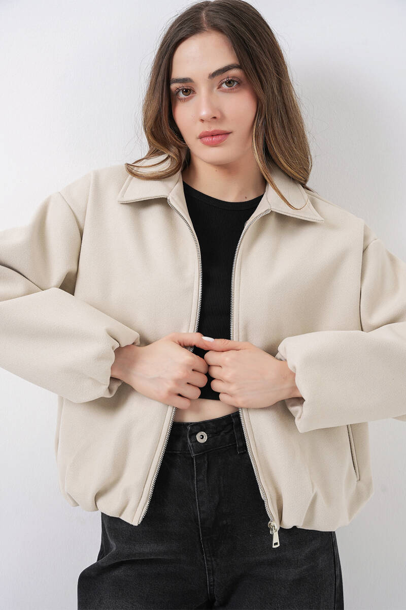 Kadın Büzgülü Oversize Kaşe Ceket 0728 - Ekru - BİGDART