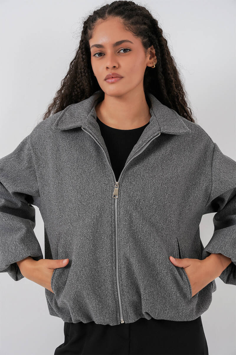 Kadın Büzgülü Oversize Kaşe Ceket 0728 - Gri - BİGDART