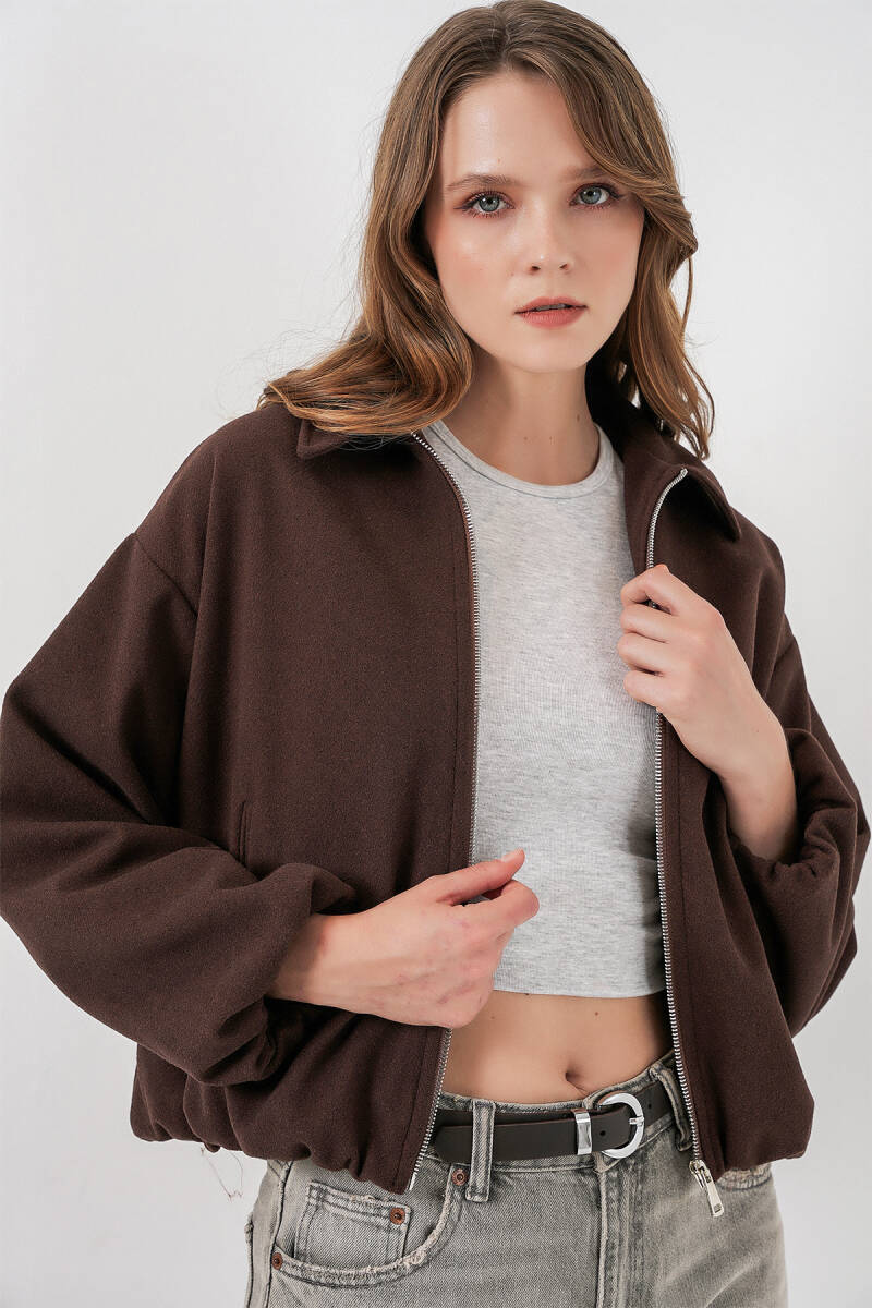 Kadın Büzgülü Oversize Kaşe Ceket 0728 - Kahverengi - BİGDART
