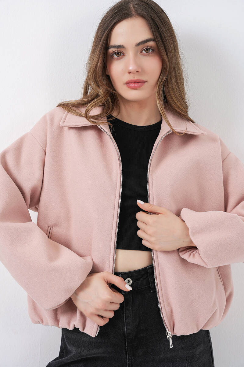 Kadın Büzgülü Oversize Kaşe Ceket 0728 - Pudra - BİGDART