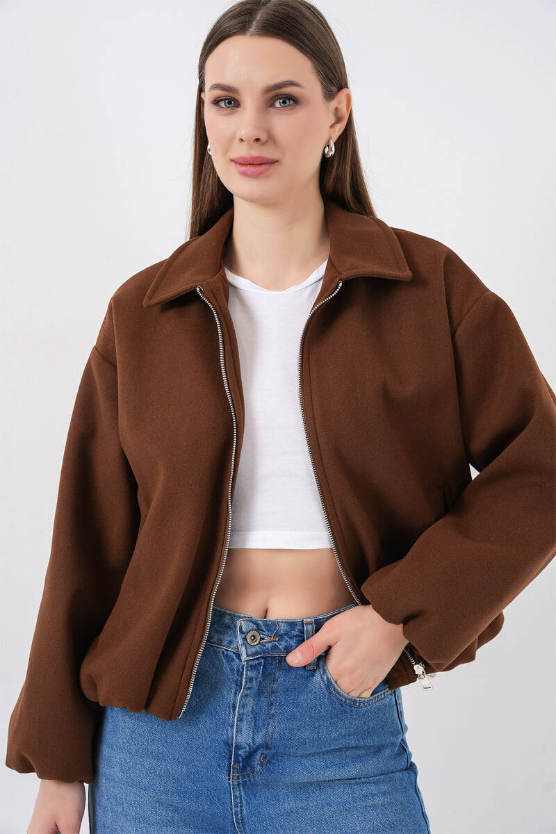 Kadın Büzgülü Oversize Kaşe Ceket 0728 - Sütlü Kahve - BİGDART