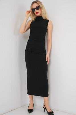 Kadın Büzgülü Sıfır Kol Drapeli Elbise 2579 - Siyah 