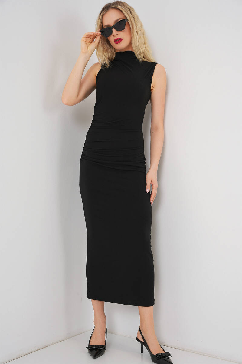 Kadın Büzgülü Sıfır Kol Drapeli Elbise 2579 - Siyah - BİGDART