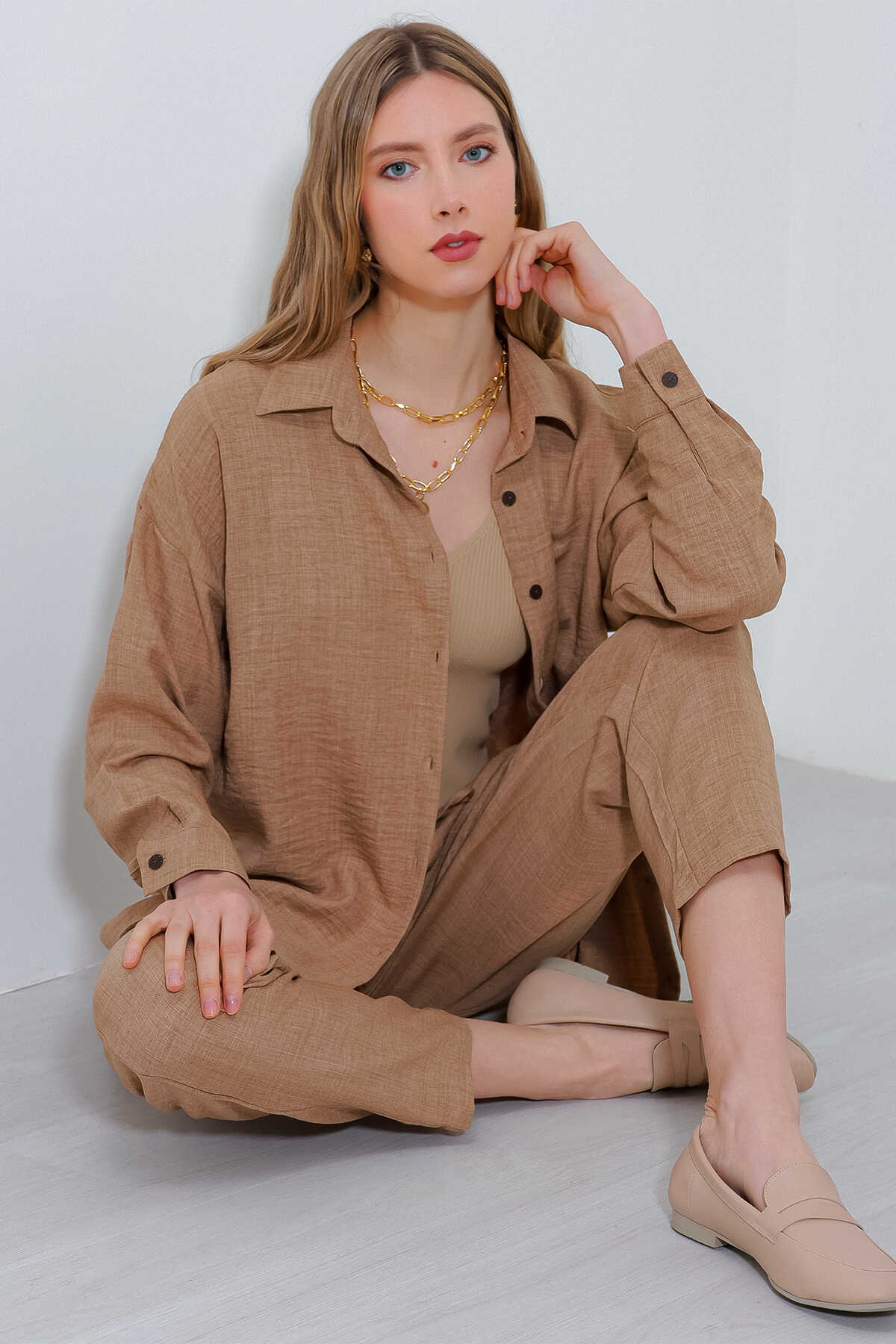Kadın Camel Oversize Keten Alt Üst Takım 6622 - 1