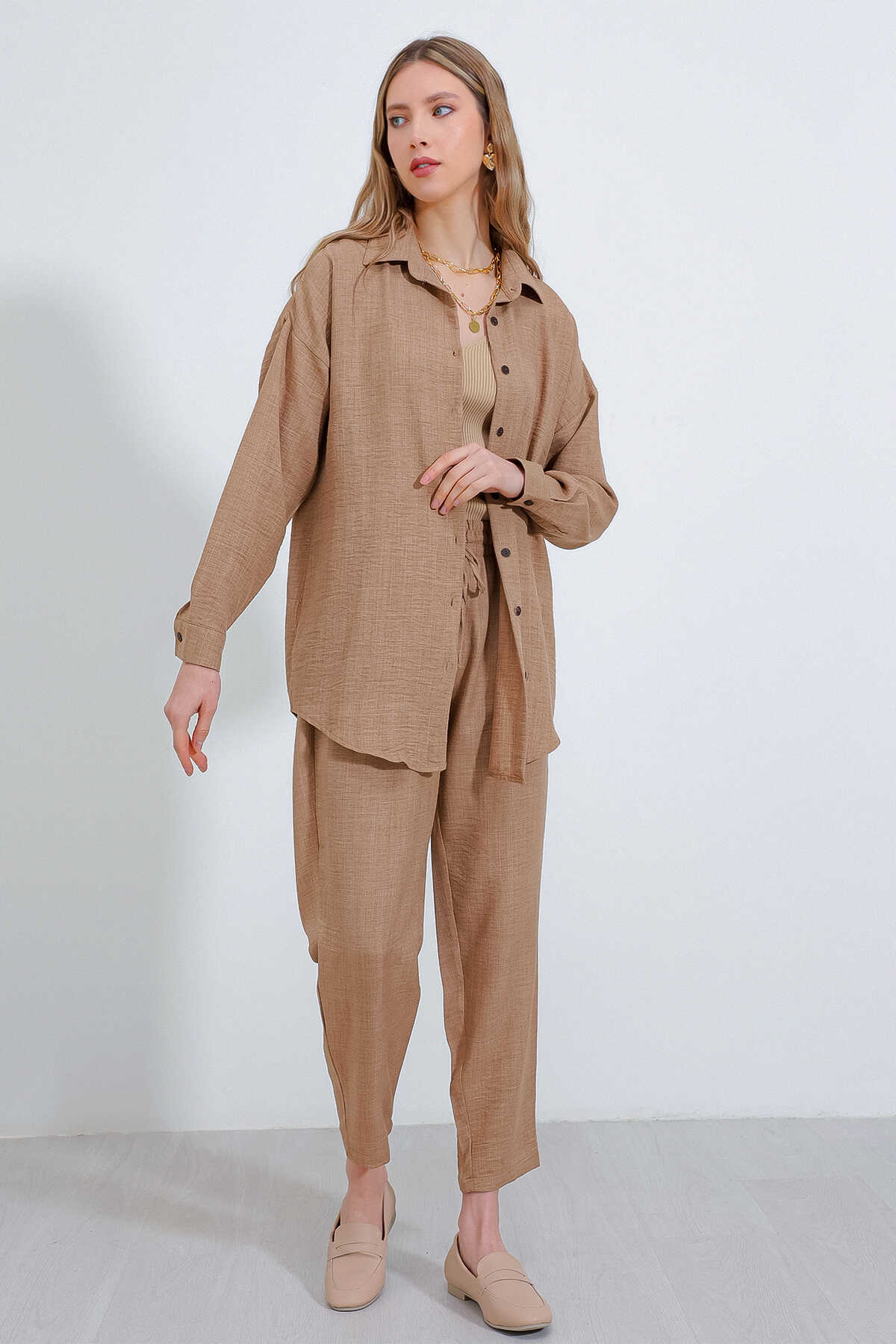 Kadın Camel Oversize Keten Alt Üst Takım 6622 - 2
