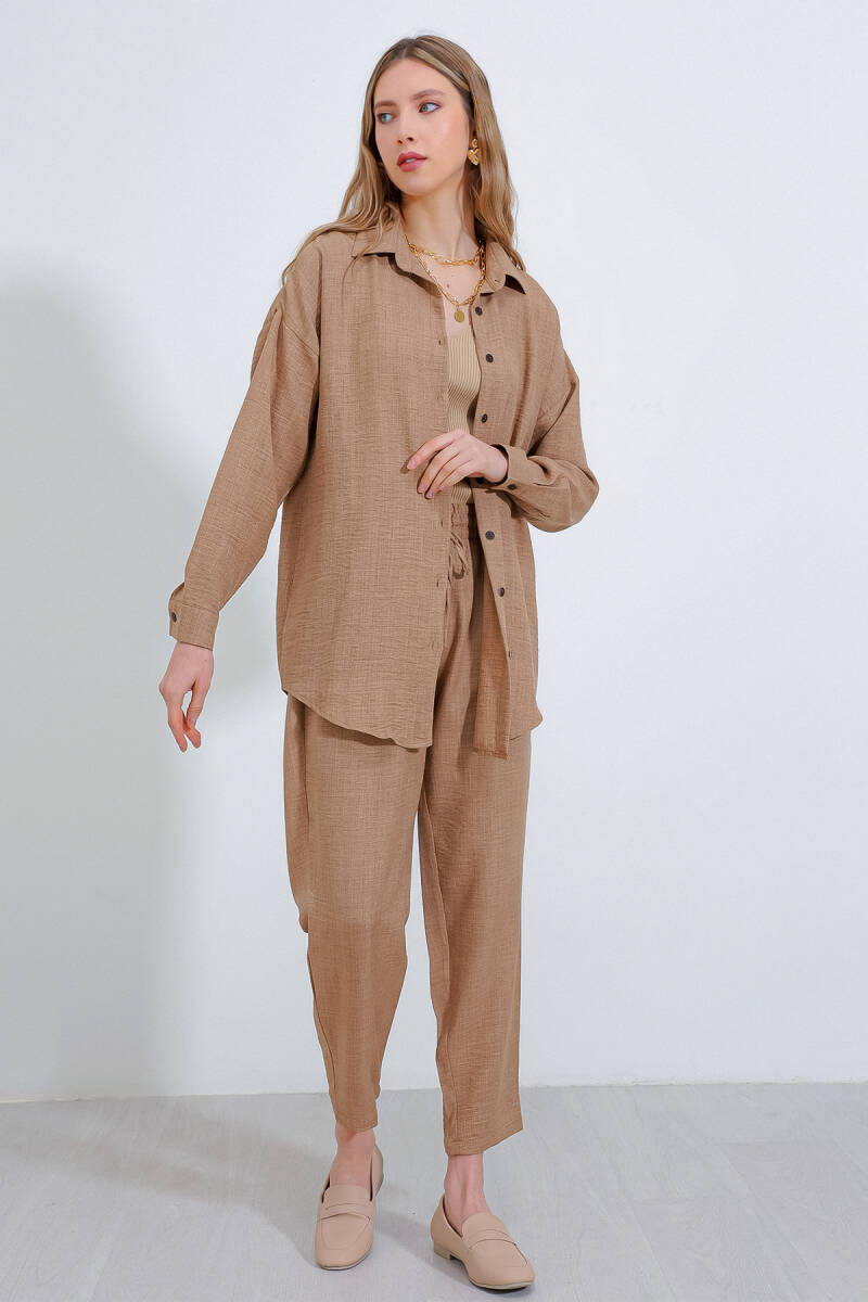 Kadın Camel Oversize Keten Alt Üst Takım 6622 (1)