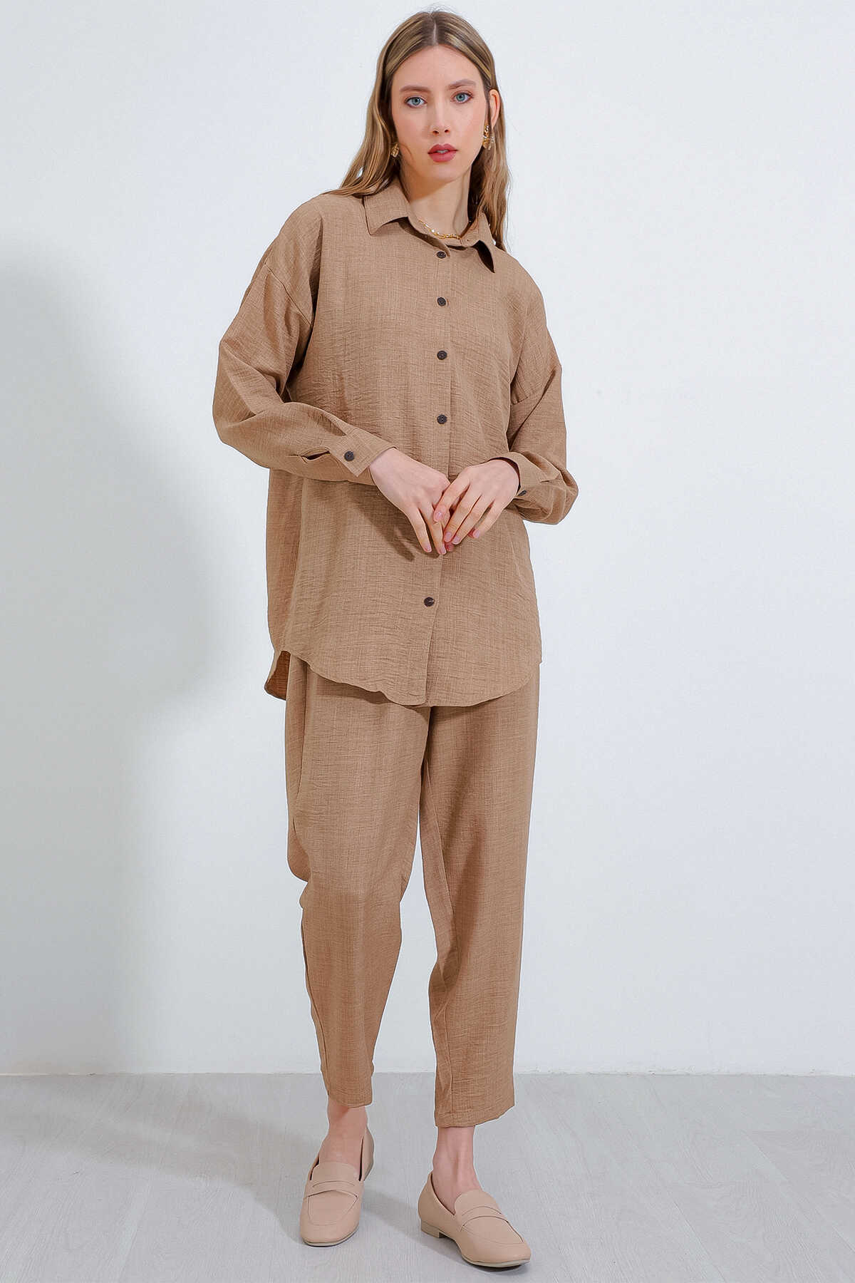 Kadın Camel Oversize Keten Alt Üst Takım 6622 - 3