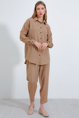 Kadın Camel Oversize Keten Alt Üst Takım 6622 - 3