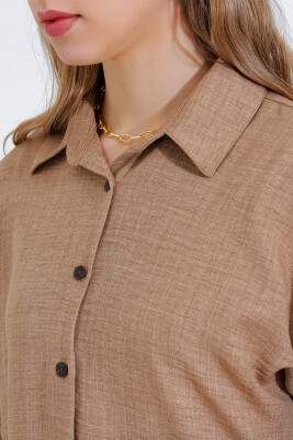 Kadın Camel Oversize Keten Alt Üst Takım 6622 - 4