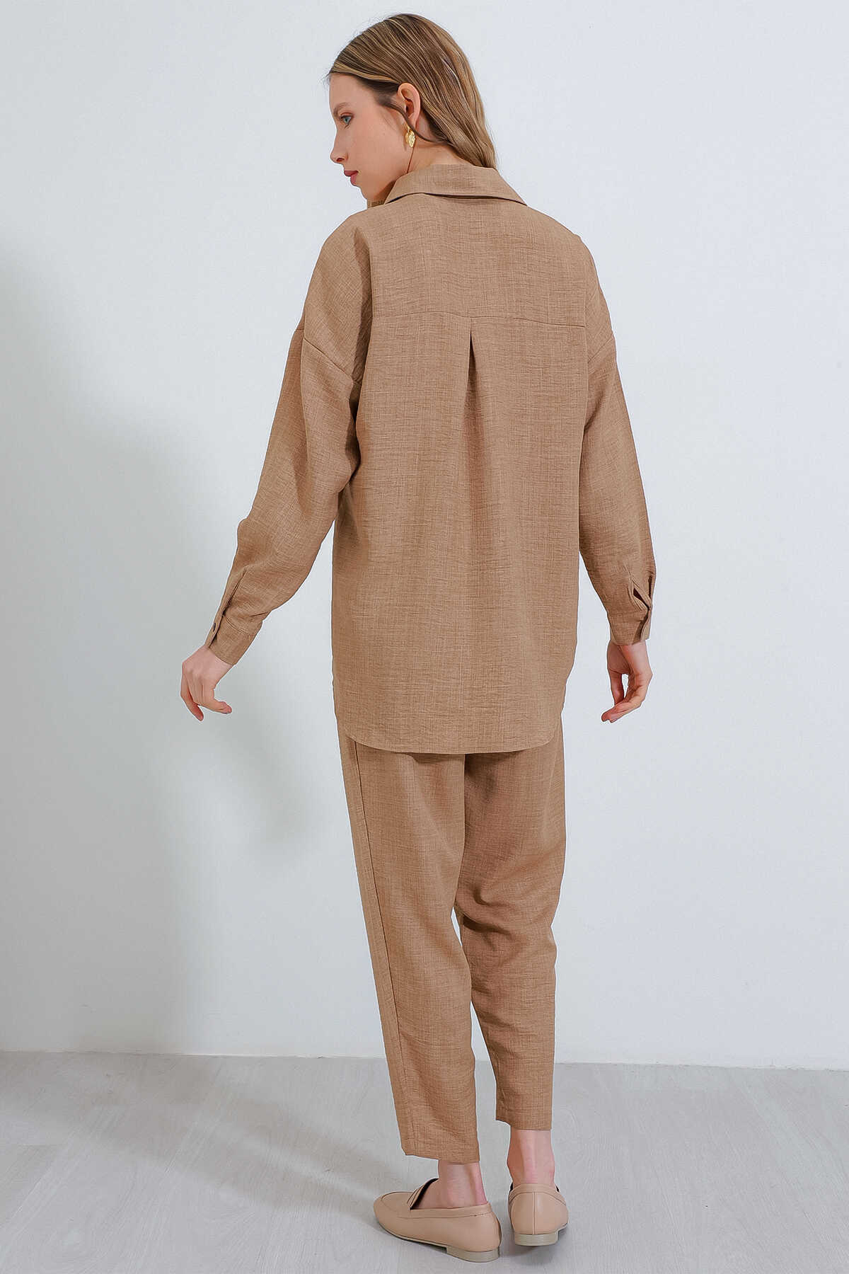 Kadın Camel Oversize Keten Alt Üst Takım 6622 - 5